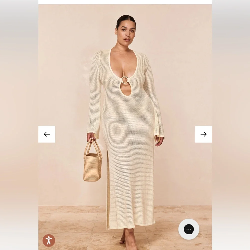 Monday Swimwear Cream Knit Maxi Coverup with Front Ring Keyhole